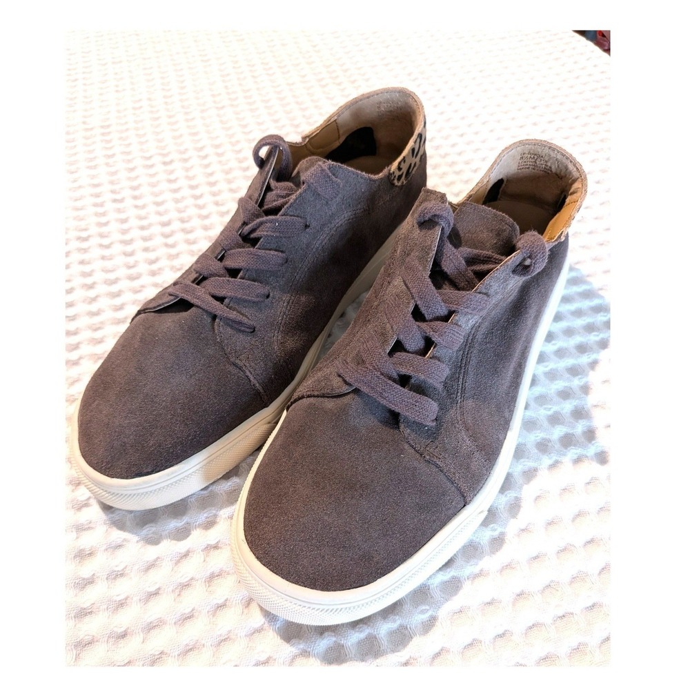 Lucky Brand Loucia Taupe Brown Suede Sneakers Leopard Heel Lace Up Size 8.5
